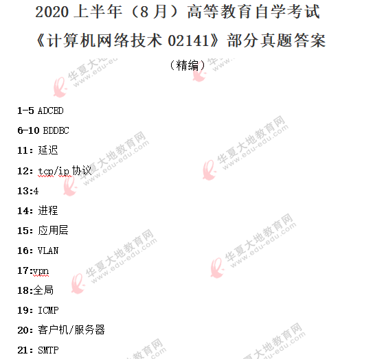 对答案啦！2020年自考8月《计算机网络技术02141》考试部分真题答案