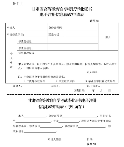 甘肃省高等教育自学考试毕业证书电子注册信息修改管理实施办法